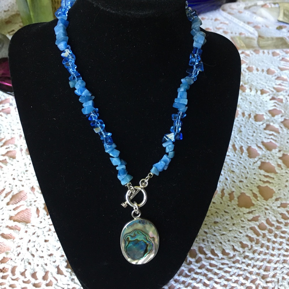 Abalone Shell and Blue Agate Necklace Sterling Silver